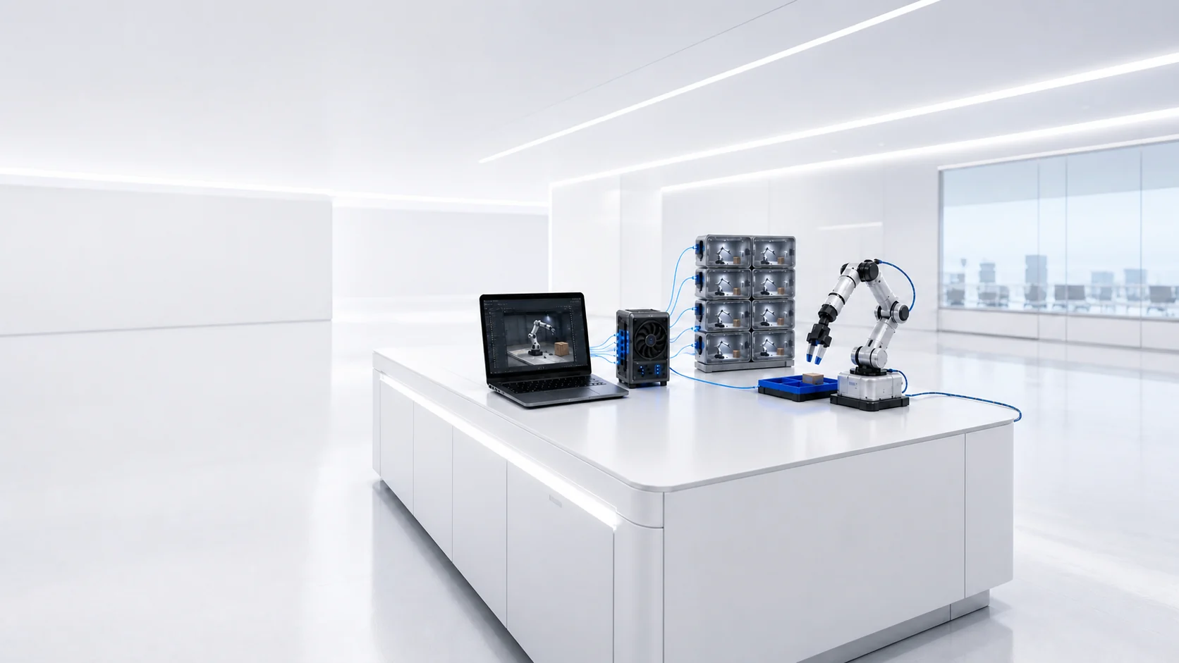 Wano Studio on a laptop connected to a GPU, parallel simulated workcells, and a real robot arm.