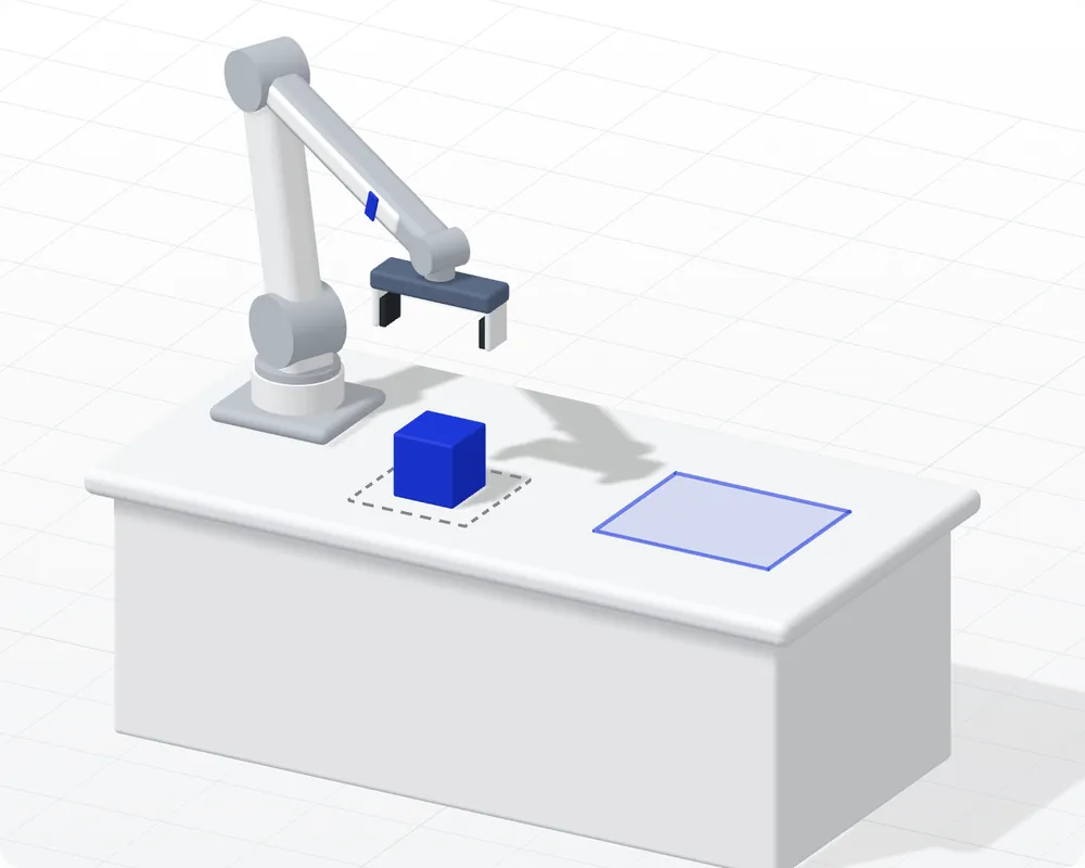 Une maquette 3D blanche se construit : une table, un cube bleu, une zone de départ en pointillés, une zone d'arrivée bleue, puis le bras robot.