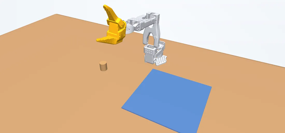 Scène 1 : le bras robot sur une table en bois, un petit objet et la zone d'arrivée bleue devant.