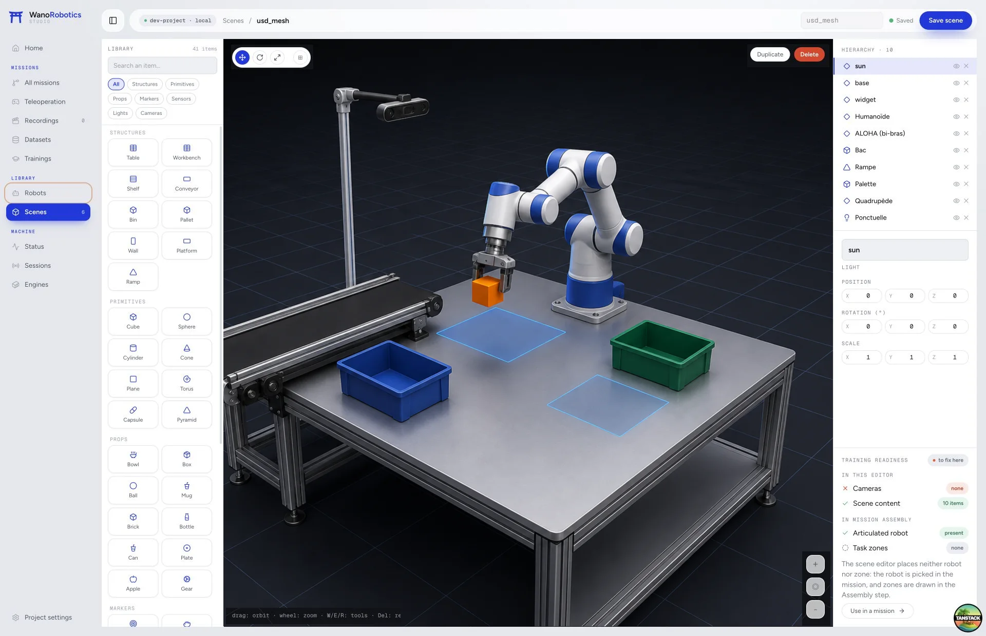 The Wano Studio scene editor: item library, 3D viewport with a table, a key light and a camera.